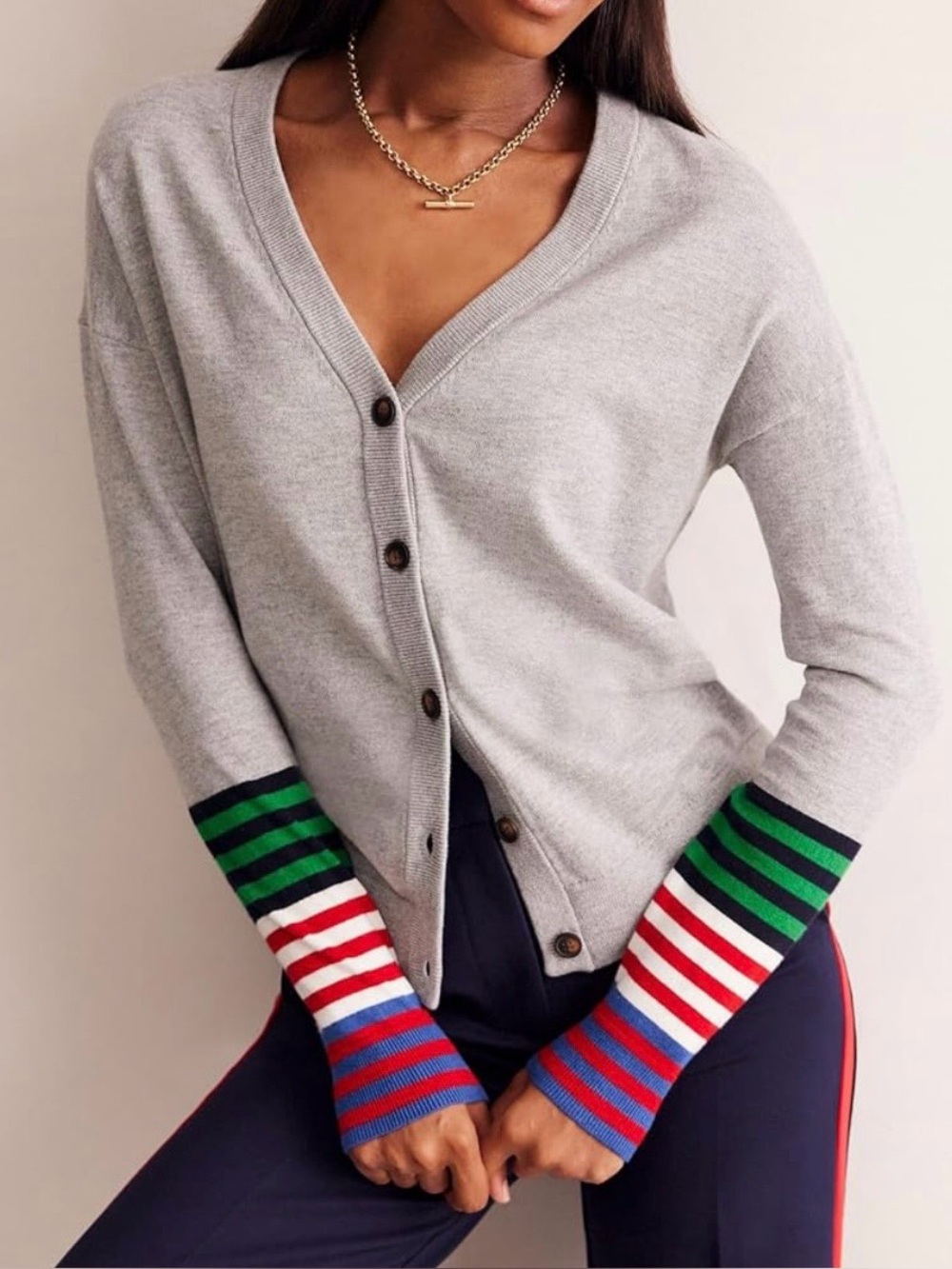 Boden Light Gray Button-Front Cardigan with Multicolor Stripe Cuffs